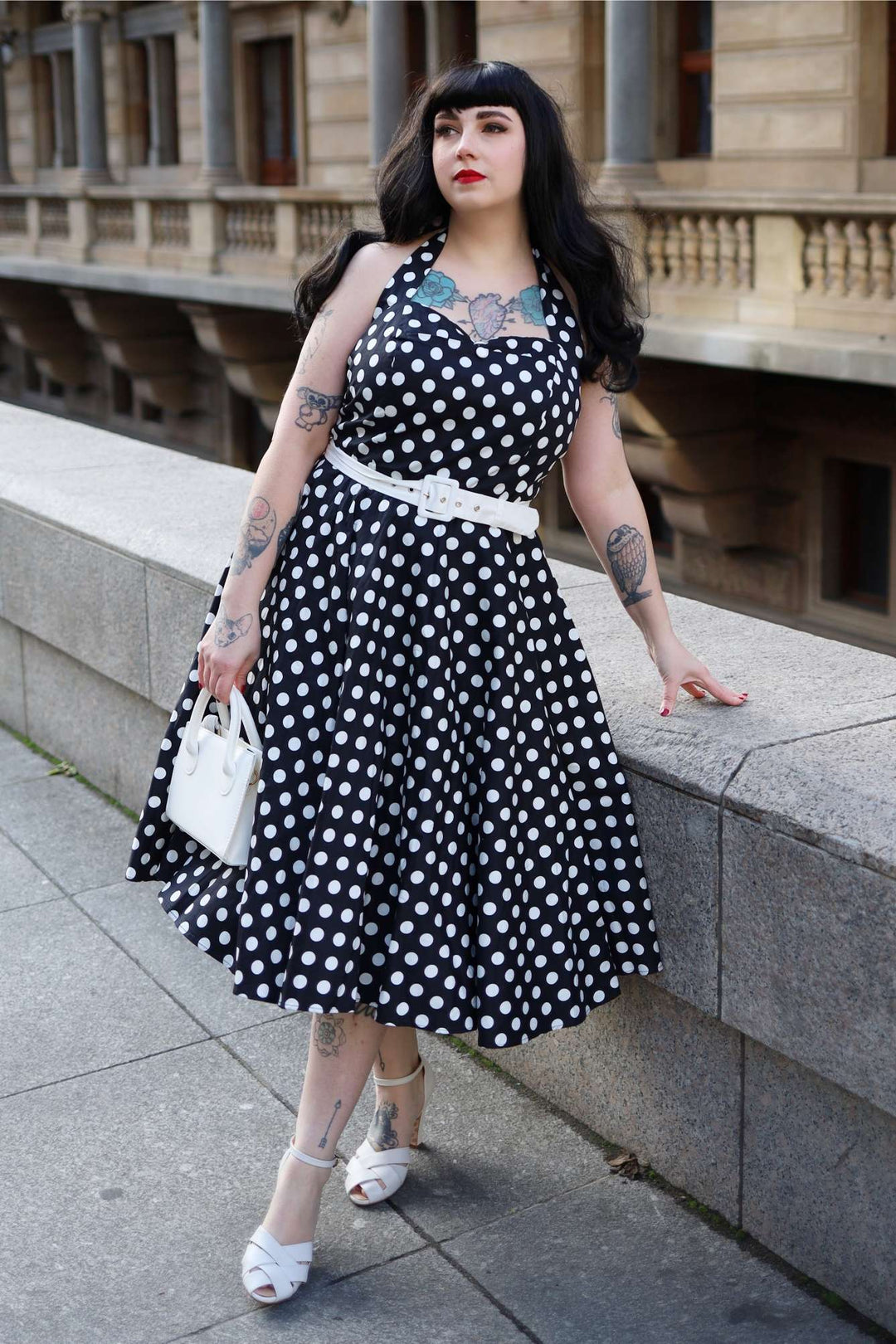 Model in Daisy Black & White Polka Dot Dress | Polka Dot Dress