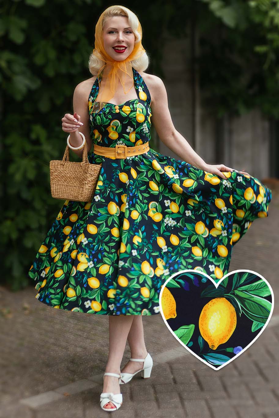 Model in Daisy Yellow Lemons on Black Dress | Vintage Halter Dress
