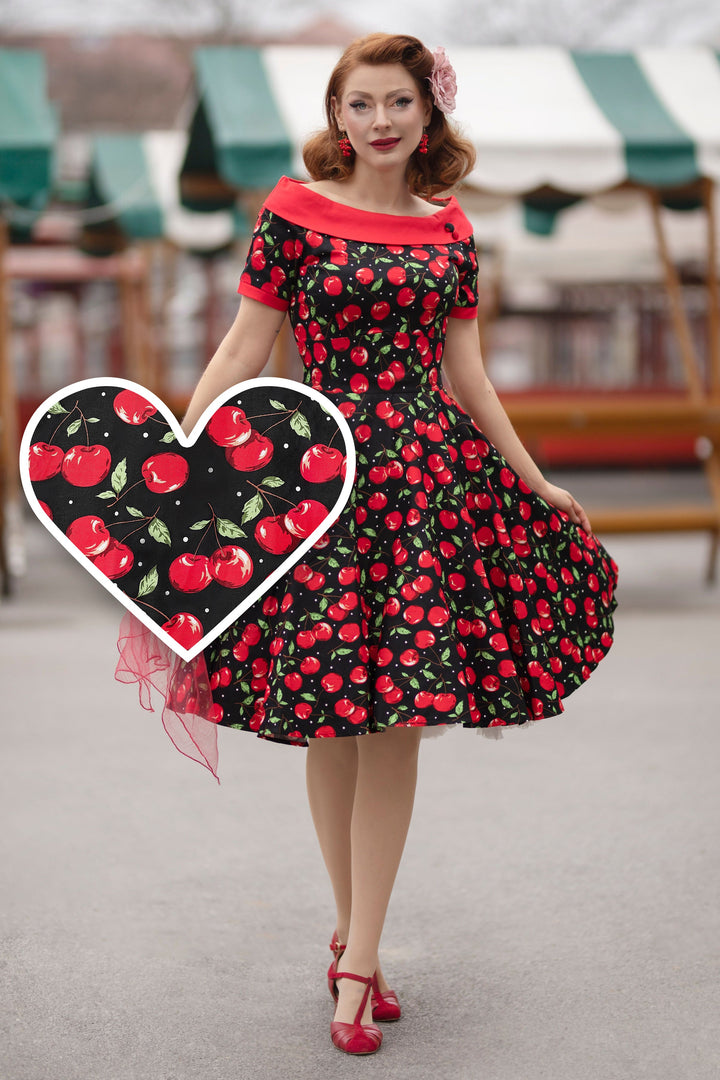 Model in Darlene Black/red Cherry Dress | Cherry Print Dress
