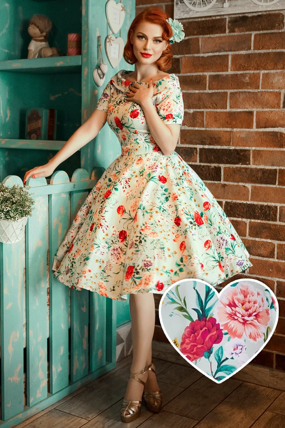 Model in Darlene Green Floral Print Dress | Vintage Floral Dress