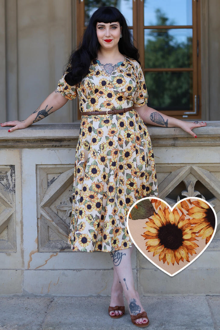 Model in Julia Vintage Yellow Sunflower Midi Dress