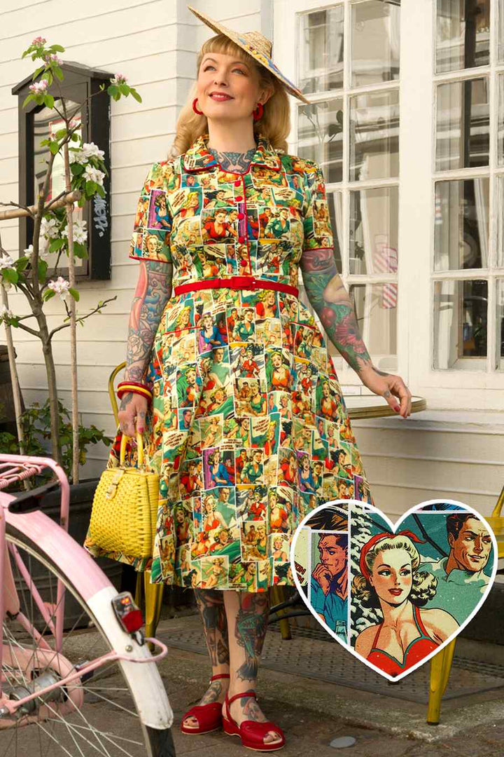 Model in Mabel Comic Books Dress | Novelty Print Dress AU