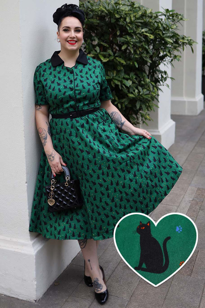 Model in Mabel Green Black Cat Print Vintage Shirt Dress