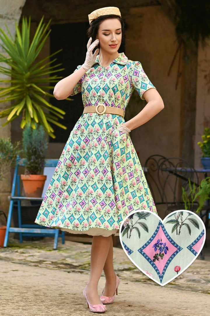 Model in Mabel Quatrefoil Floral in Pastels Dress | Vintage Floral Dress