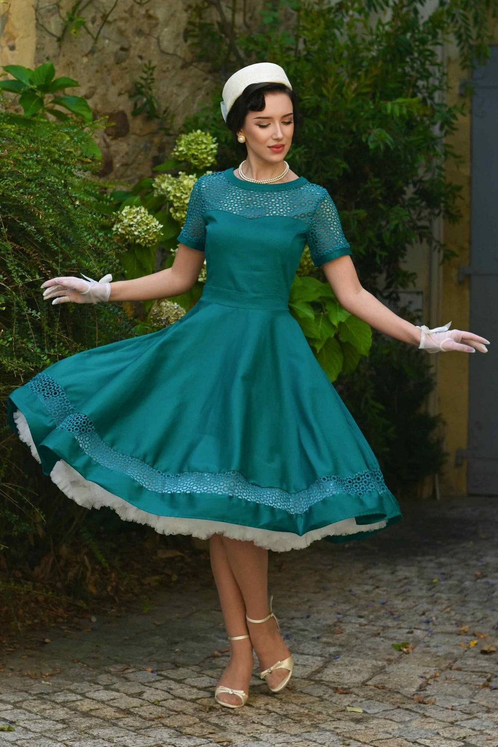 Model in Tess Emerald Green Dress | Vintage Occasion Dress