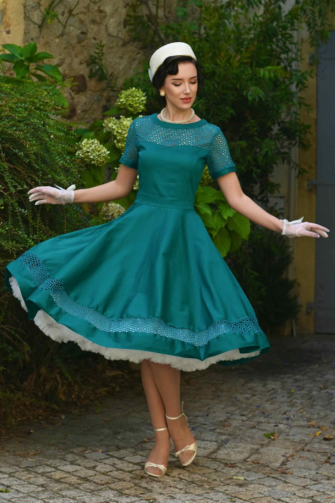 Model in Tess Emerald Green Dress | Vintage Occasion Dress