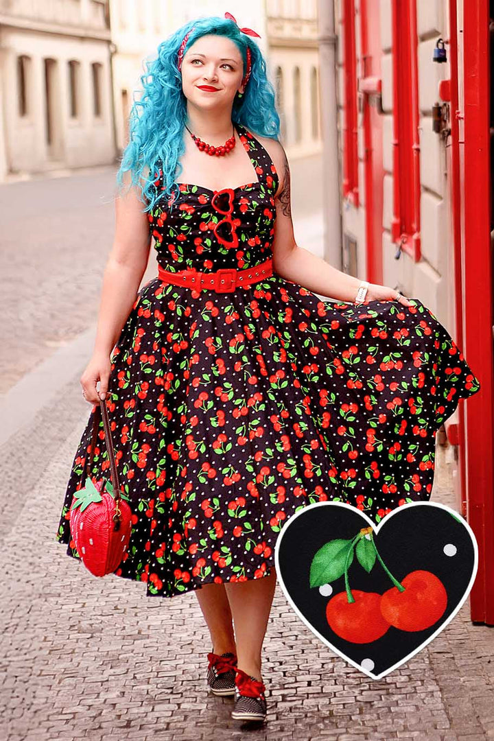 Model wearing a Daisy Cherry Polka Dot Dress | 50s Style Dress