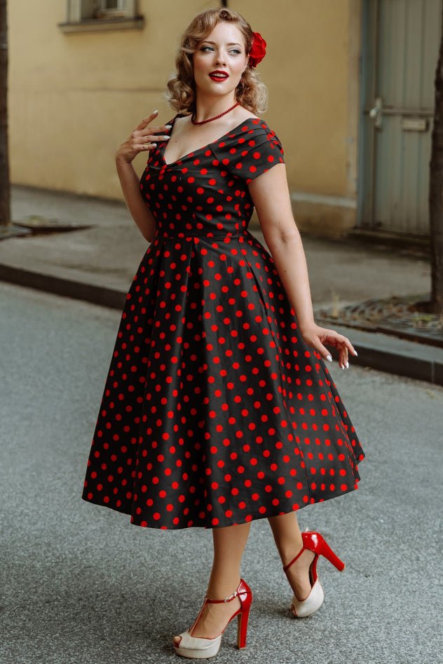Model wearing a Lily Black & Red Polka Dot Dress | Polka Dot Dress