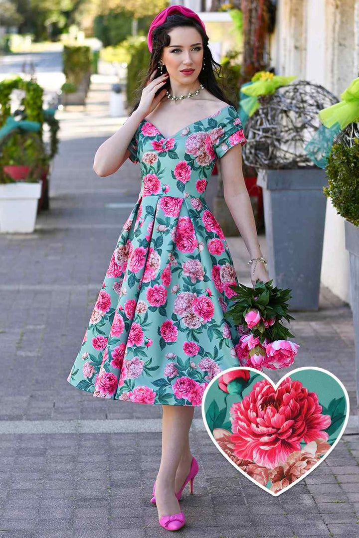 Model wearing a Lily Pink Peony Flowers on Mint Green Dress | Vintage Floral Dress