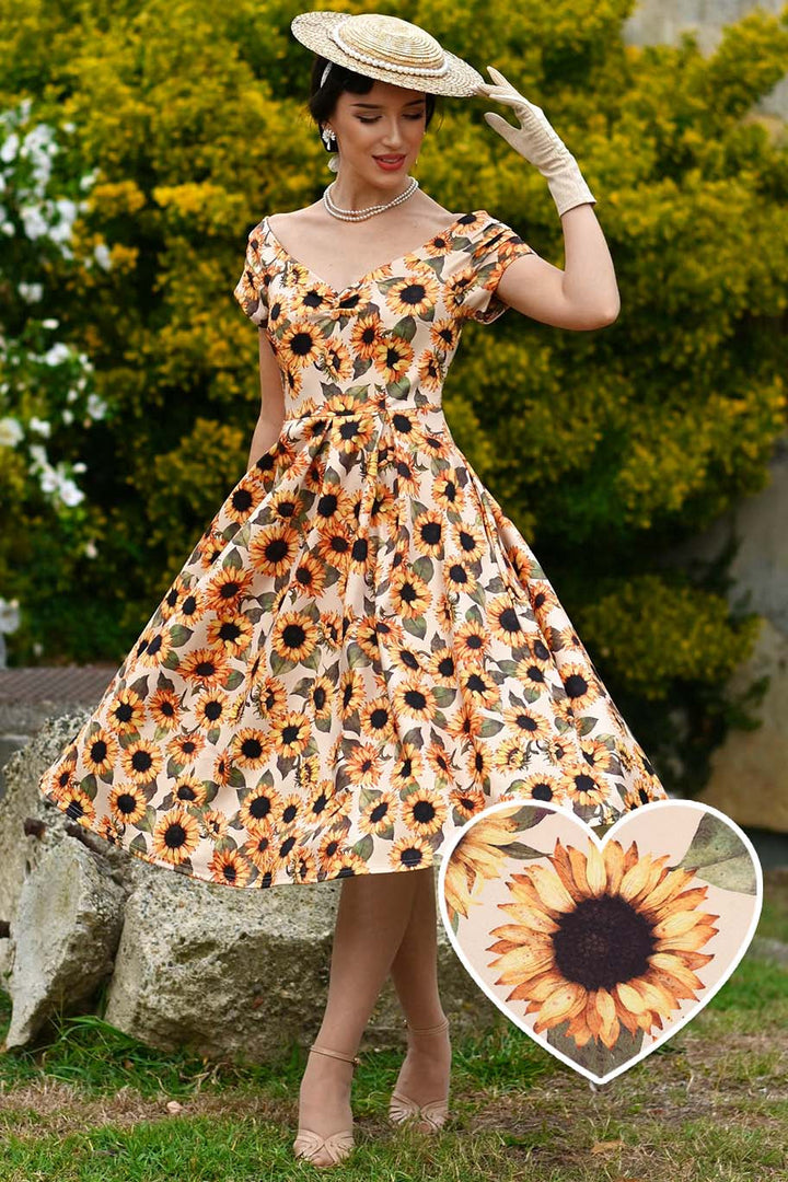 Model wearing a Lily Sunflower Dress | Vintage Floral Dress