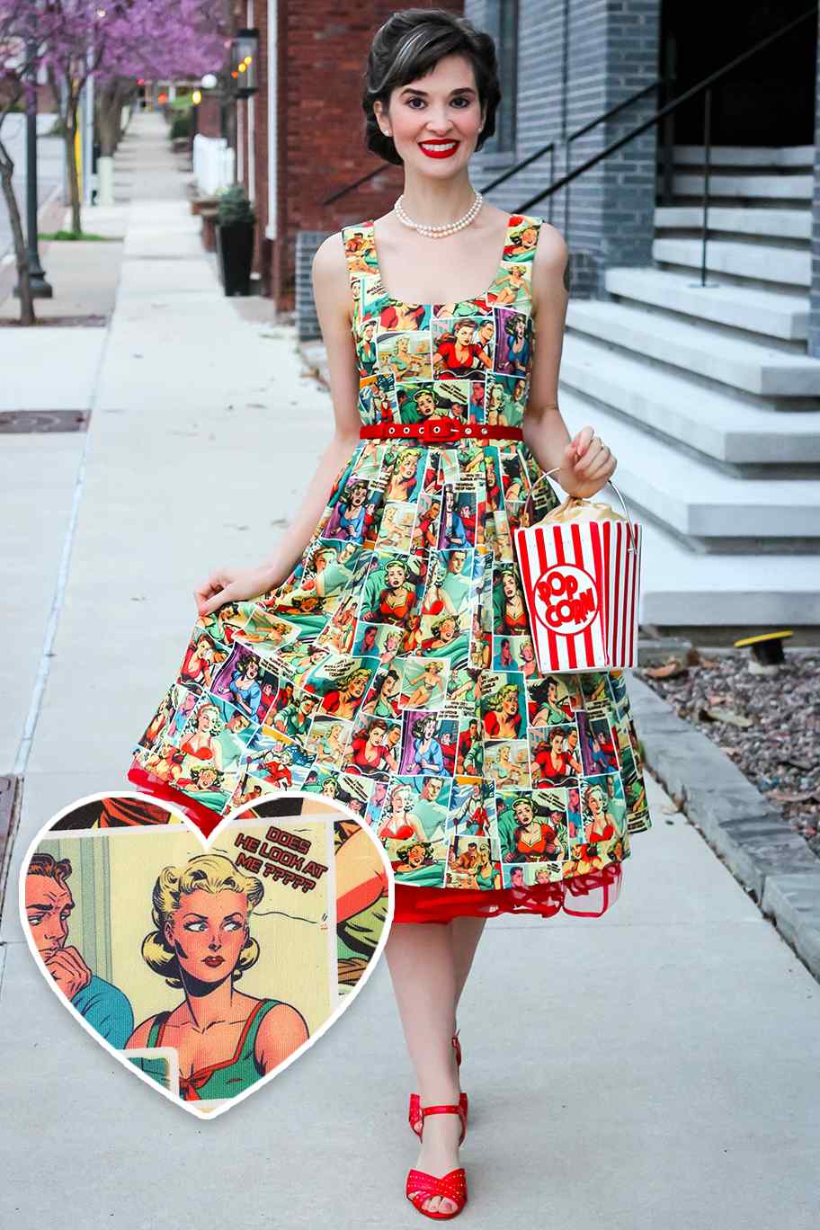 Model wearing an Amanda Vintage Comic Books Dress | Novelty Print Dress