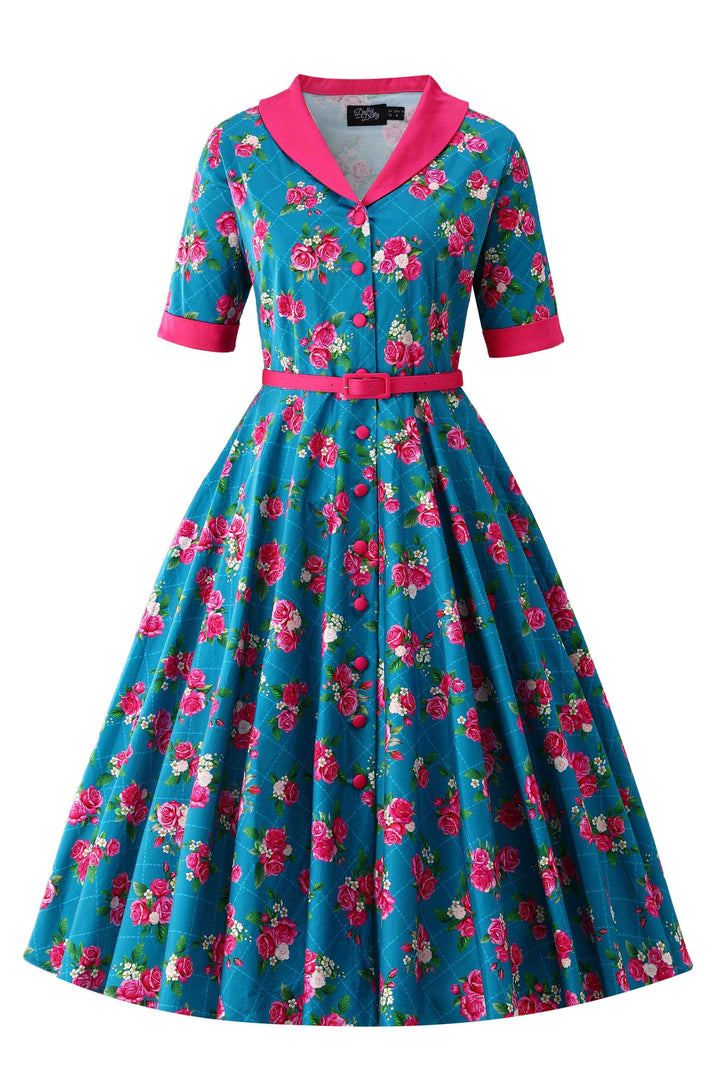 Front view of Mollie Blue Rose Midi Shirt Dress