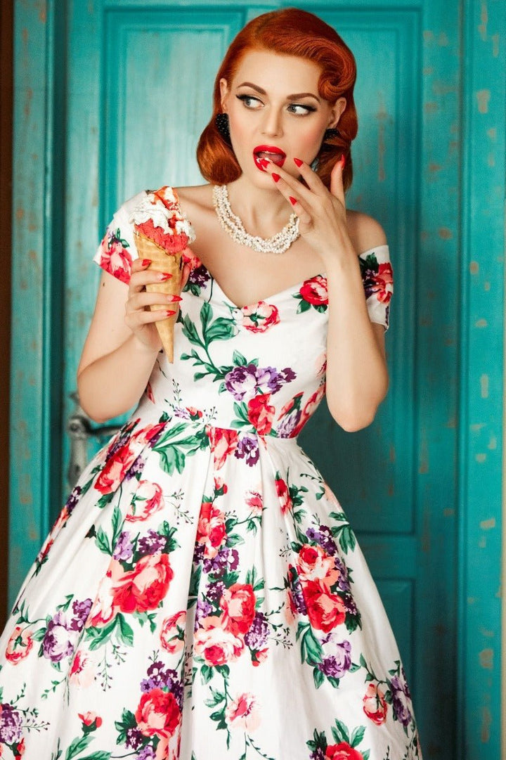 Lovely model in a Lily White Floral Off Shoulder Dress