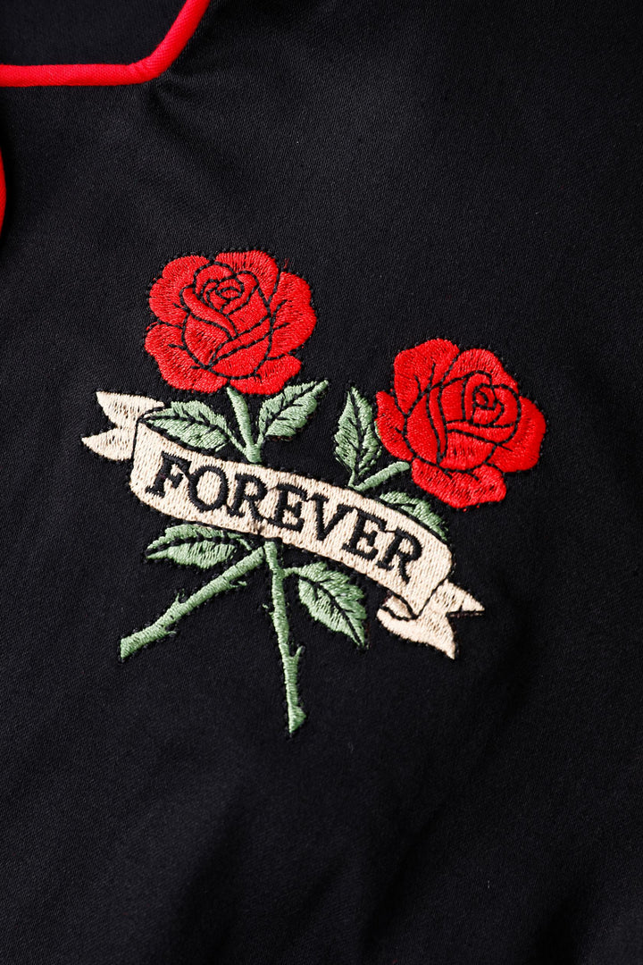 Print of Black Rose Embroidered Rockabilly Shirt Dress