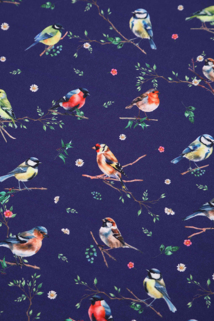 Print of Lily Bird Garden on Navy Blue Dress | Whimsical Vintage Dress