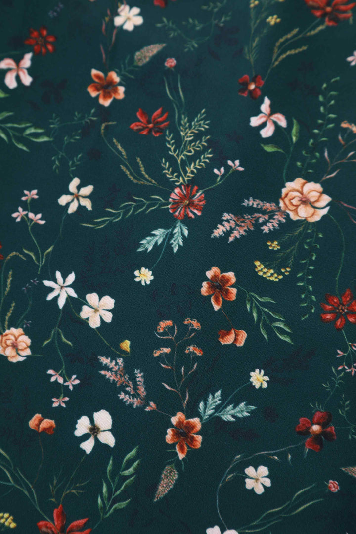 Print of Lily Ditsy Flowers on Emerald Green Dress | Vintage Floral Dress