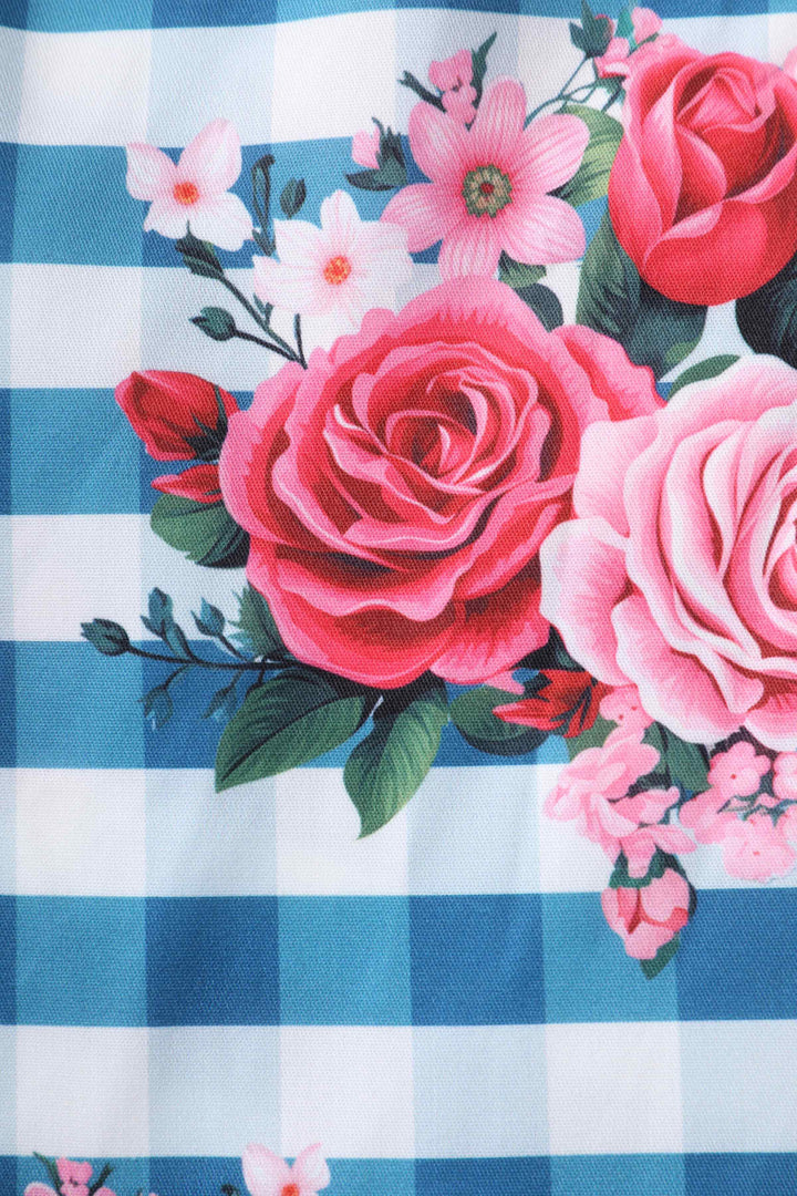 Print of Lily Floral Gingham Off Shoulder Dress In Blue