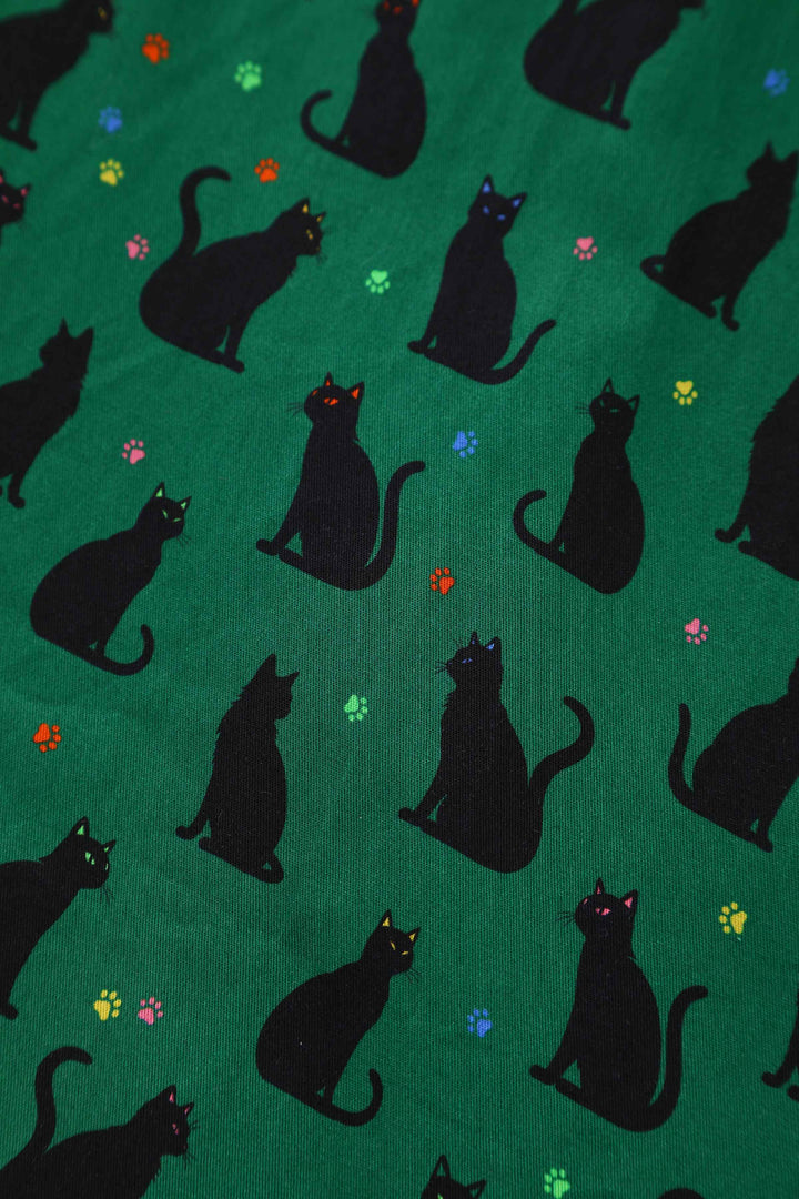 Print of Mabel Green Black Cat Print Vintage Shirt Dress