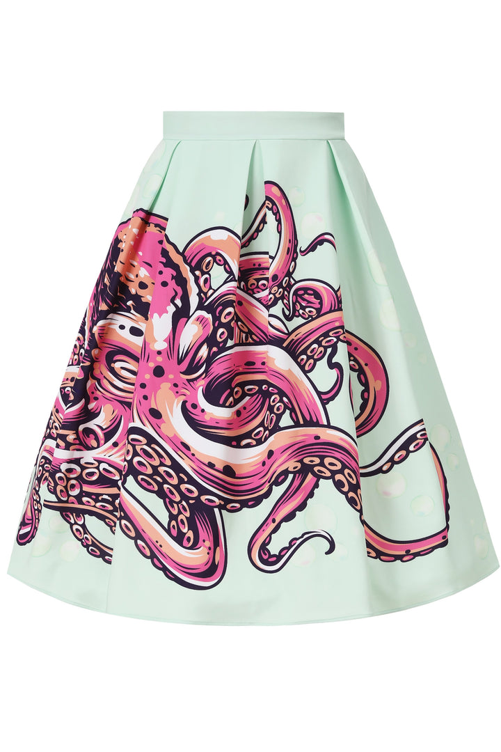 The front of Mint Green Octopus Print Pleated Midi Skirt