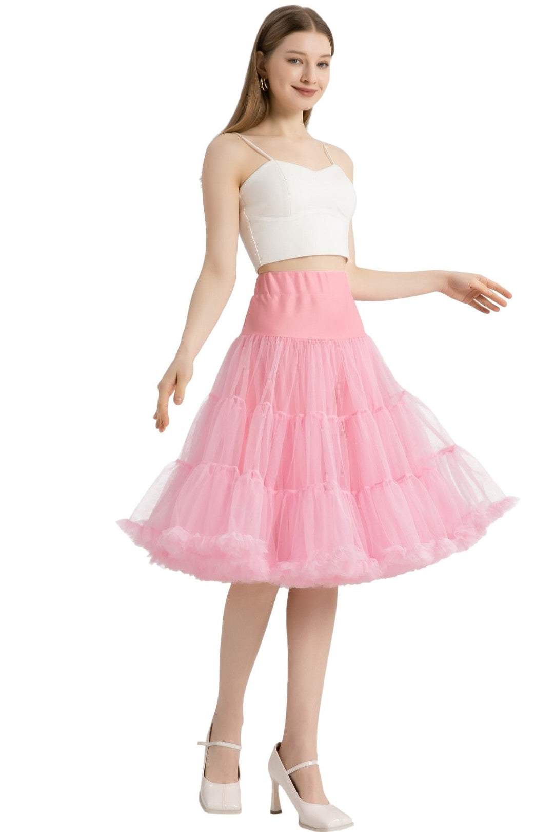 The angle shot of A model wearing a Hattie Pastel Pink 3-Tier Net Petticoat, 25.5 Inches