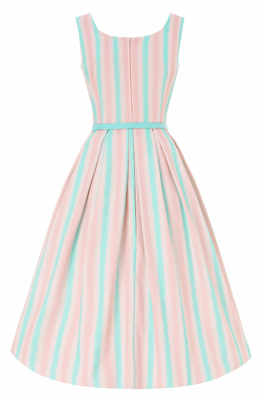 The back of Amanda Pastel Striped Flared Dress