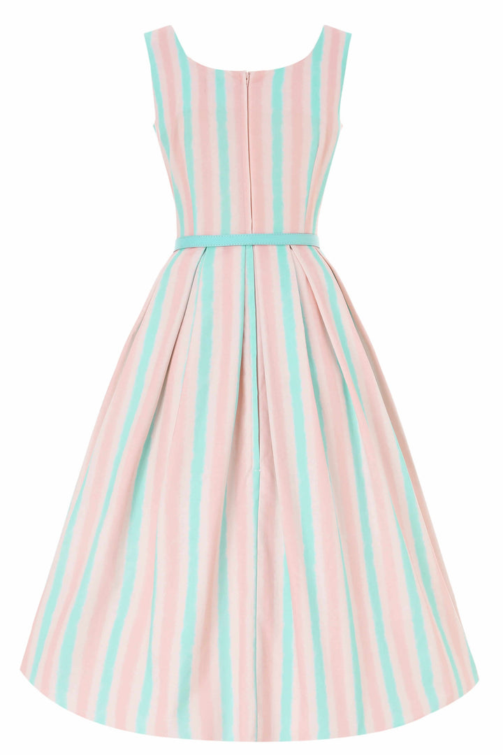 The back of Amanda Pastel Striped Flared Dress