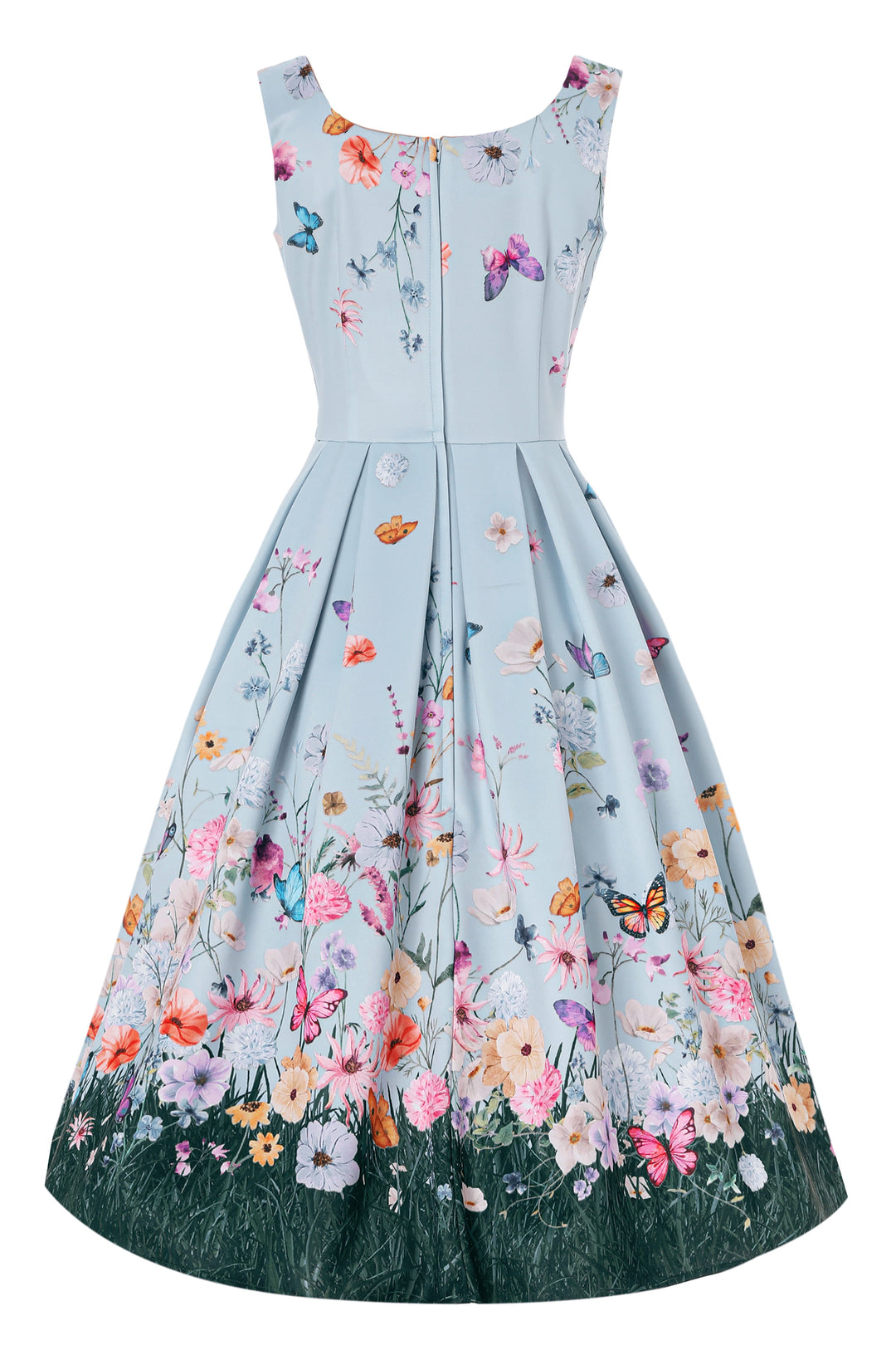 The back of Amanda Swing Dress in Blue Butterfly Field Print