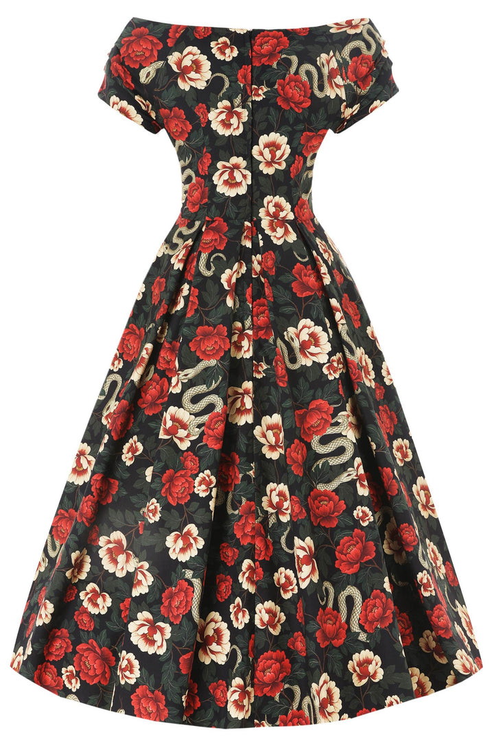 The back of Lily Bardot Midi Dress in Snake & Rose Print