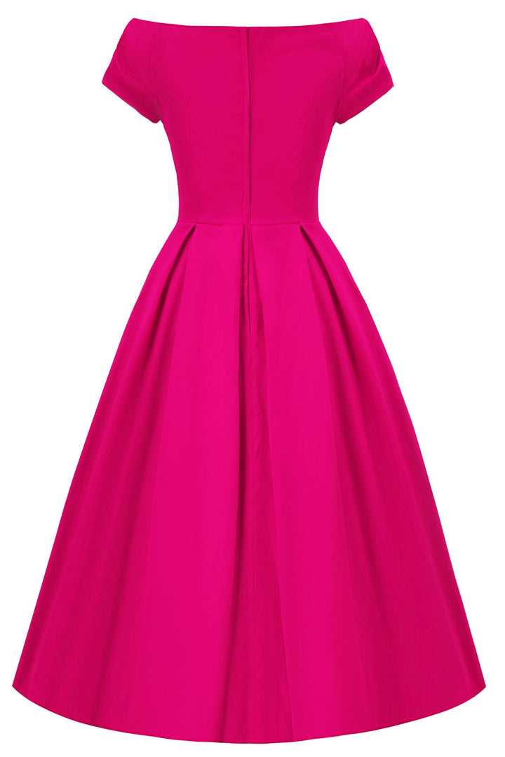 The back of Lily Hot Pink Bardot Midi Dress
