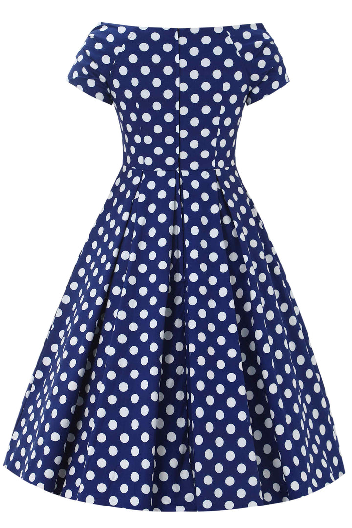 The back of Lily Navy Blue & White Polka Dot Dress | 50s Style Dress