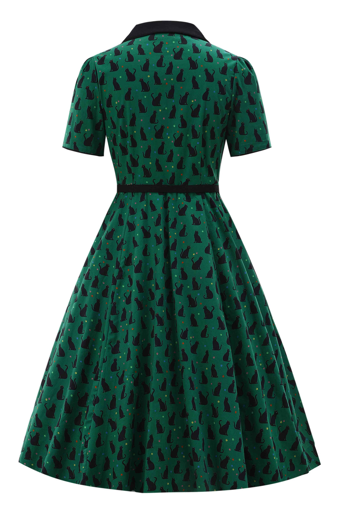 The back of Mabel Green Black Cat Print Vintage Shirt Dress