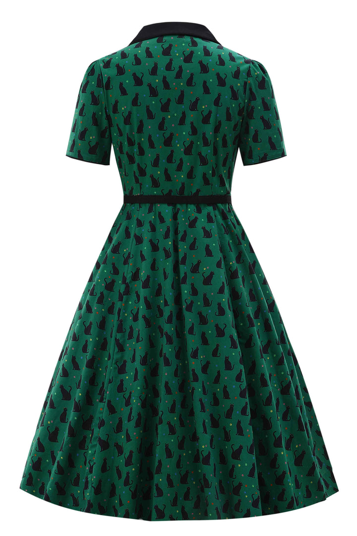 The back of Mabel Green Black Cat Print Vintage Shirt Dress