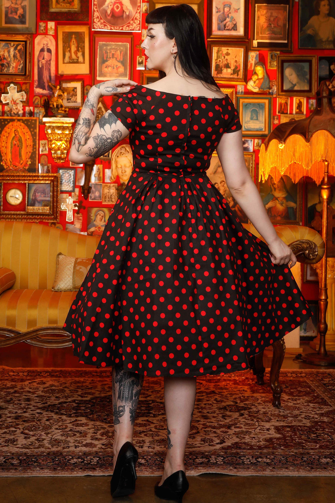 The back of lady wearing a Lily Black & Red Polka Dot Dress | Polka Dot Dress
