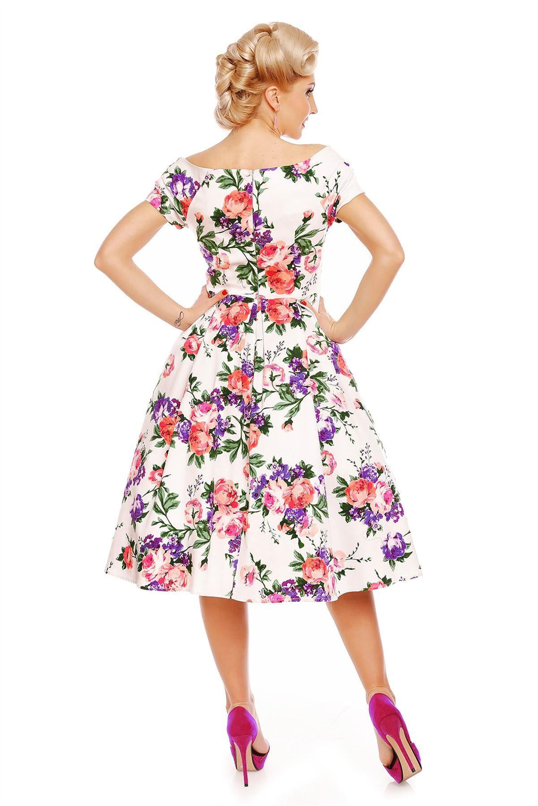 The back of the model in a Lily White Floral Off Shoulder Dress