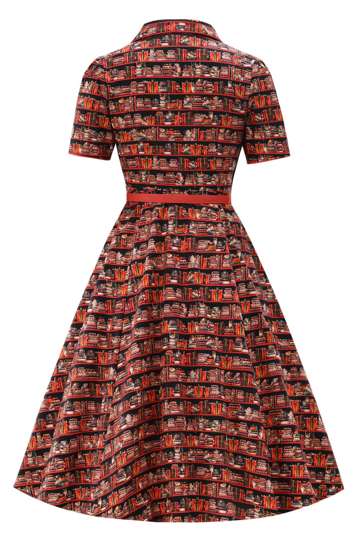 The back view of Mabel Vintage Cat and Book Print Cotton Midi Dress
