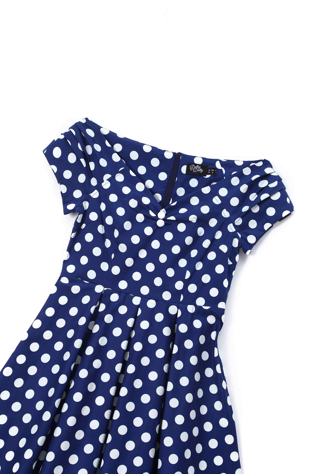 The close up of Lily Navy Blue & White Polka Dot Dress | 50s Style Dress