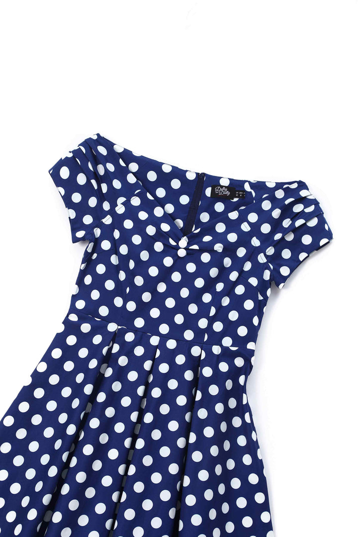 The close up of Lily Navy Blue & White Polka Dot Dress | 50s Style Dress