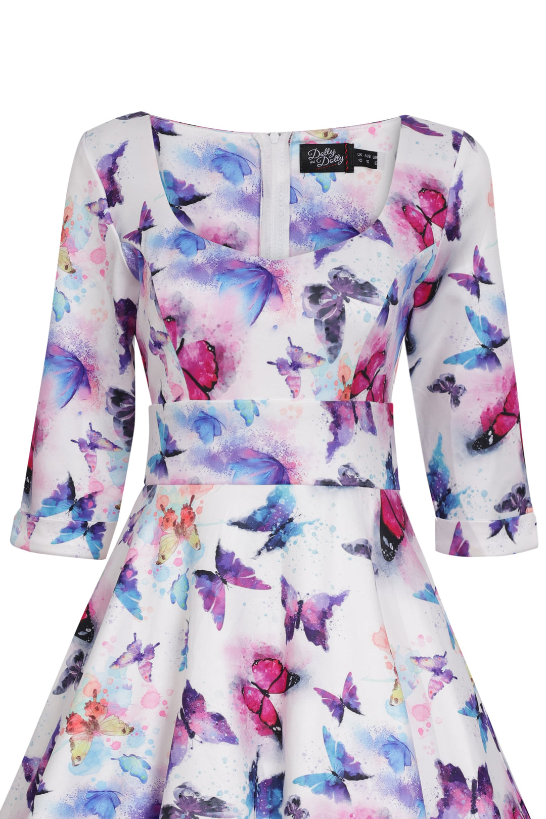 The close up view of a Scarlette Midi Dress in White Butterfly Print