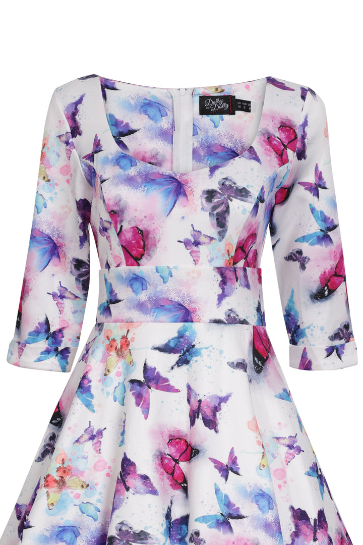 The close up view of a Scarlette Midi Dress in White Butterfly Print
