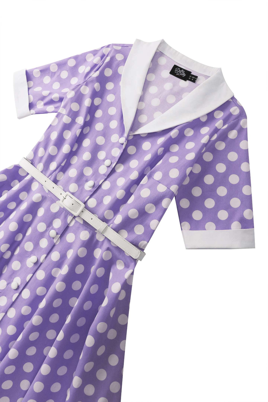 The close up view of the top of Mollie Shirt Dress in Lilac Polka Dots
