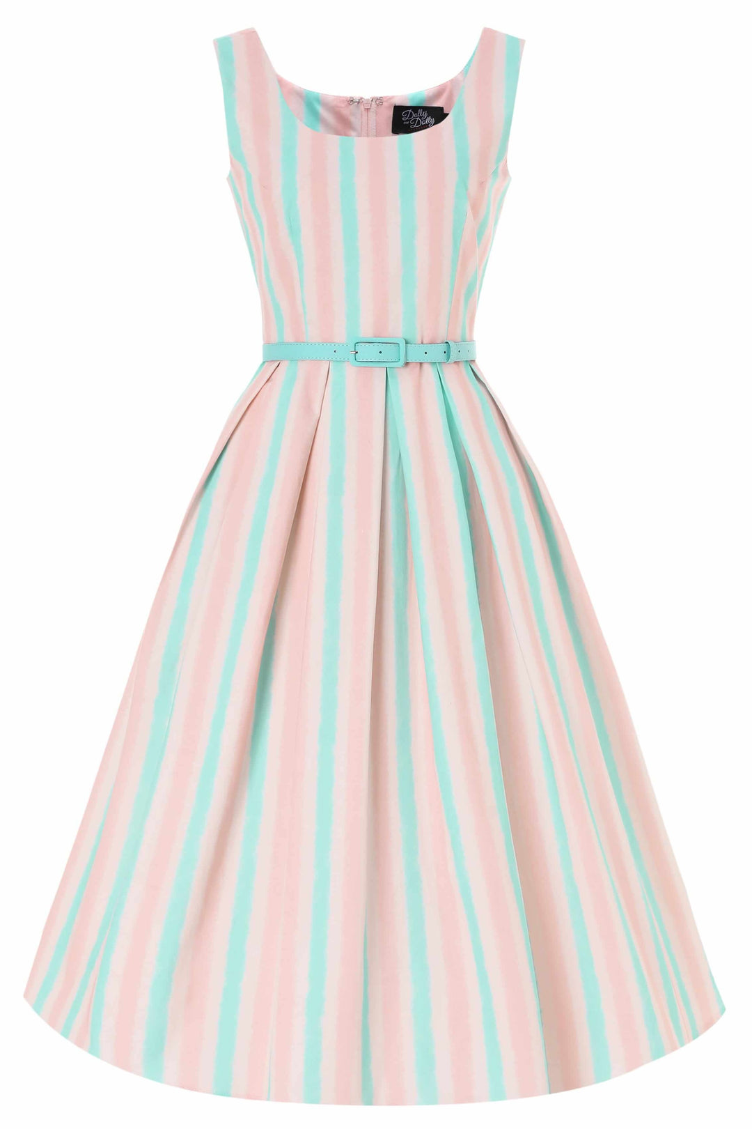 The front of Amanda Pastel Striped Flared Dress