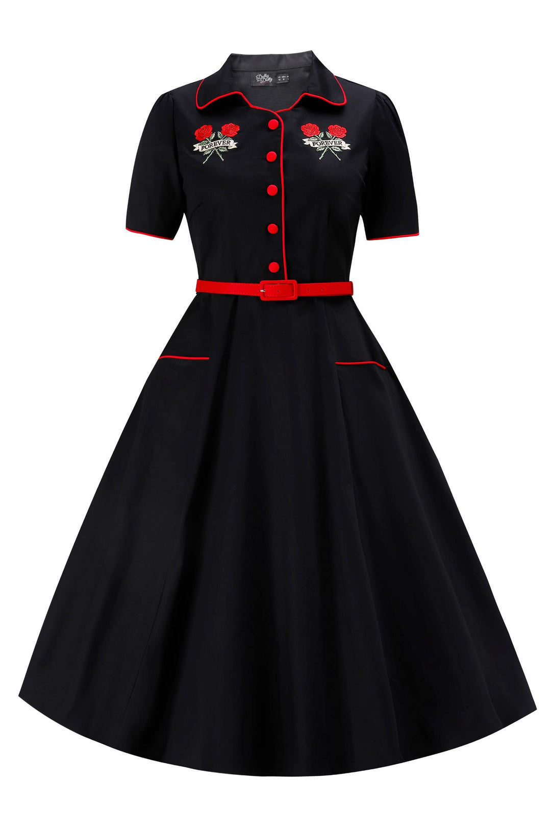 Front view of Black Rose Embroidered Rockabilly Shirt Dress