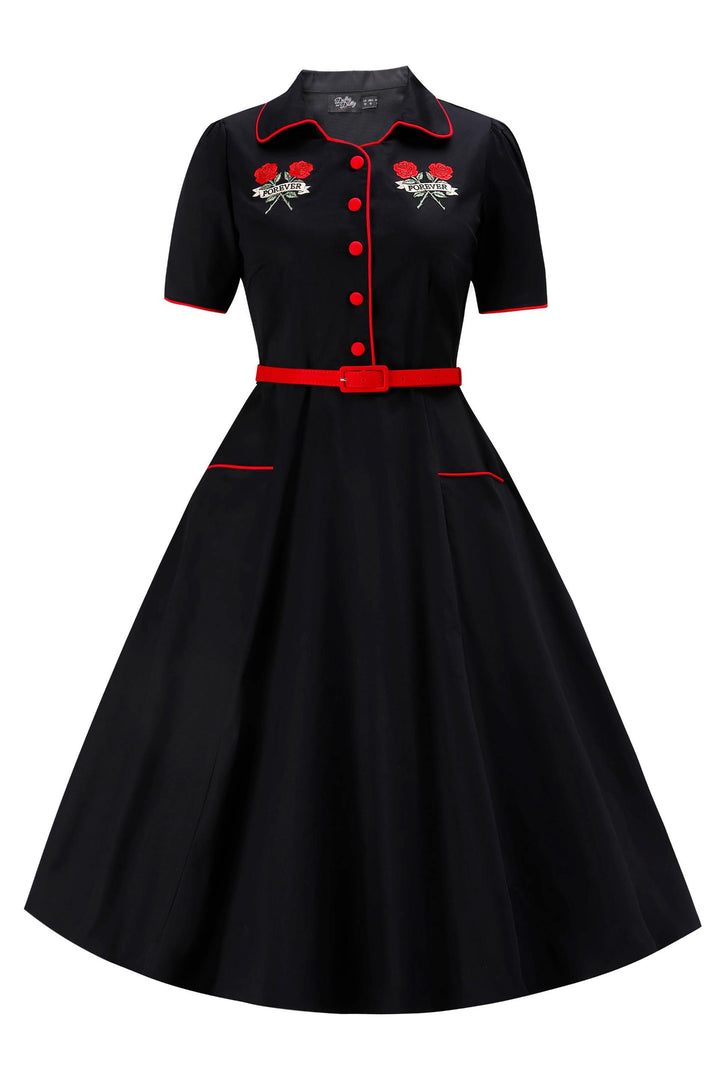 Front view of Black Rose Embroidered Rockabilly Shirt Dress