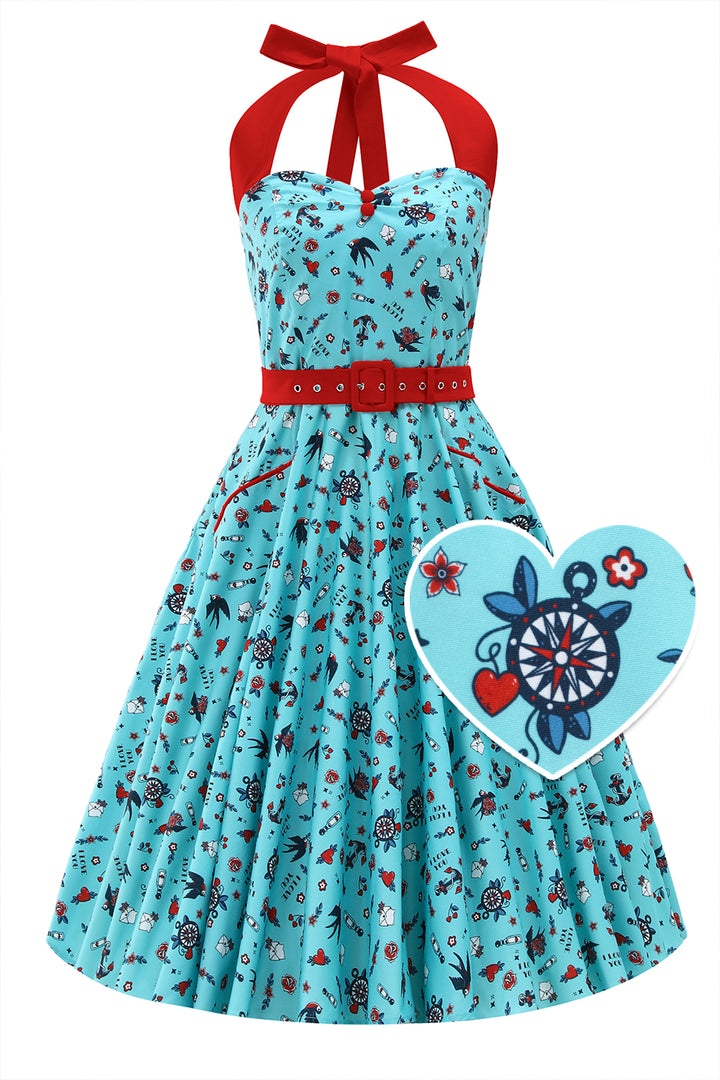 The front of Daisy Vintage Nautical Tattoo Halterneck Dress