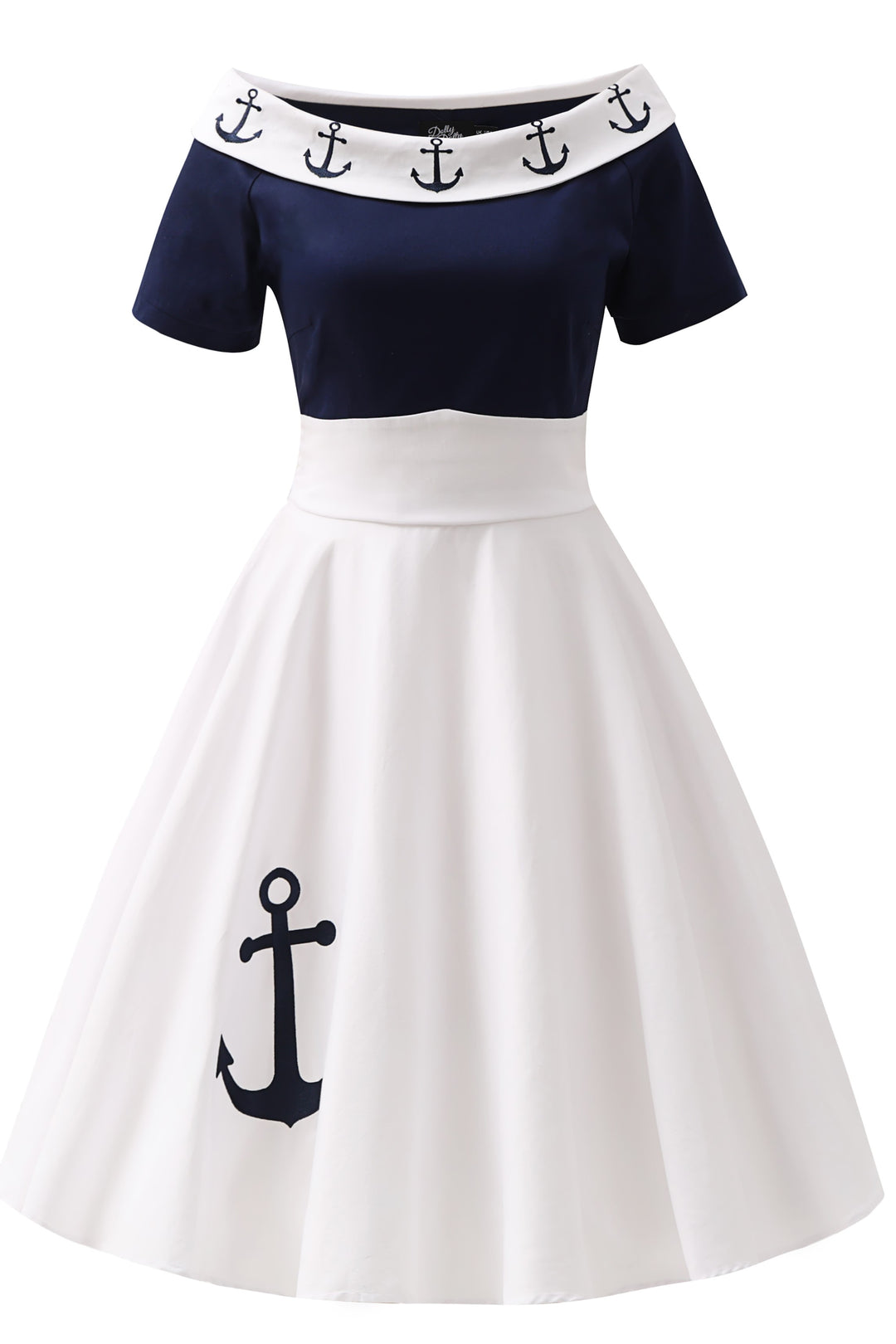 The front of Darlene White Circle Dress with Embroidered Anchors