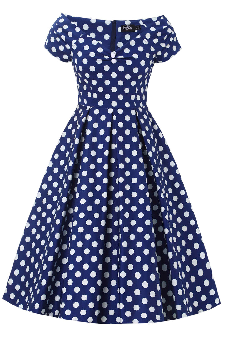 The front of Lily Navy Blue & White Polka Dot Dress | 50s Style Dress