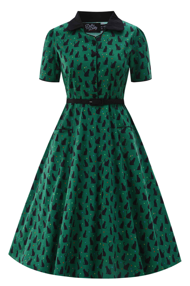 The front of Mabel Green Black Cat Print Vintage Shirt Dress