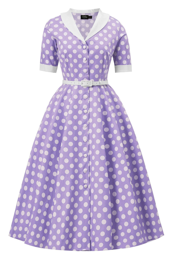 The front of Mollie Shirt Dress in Lilac Polka Dots