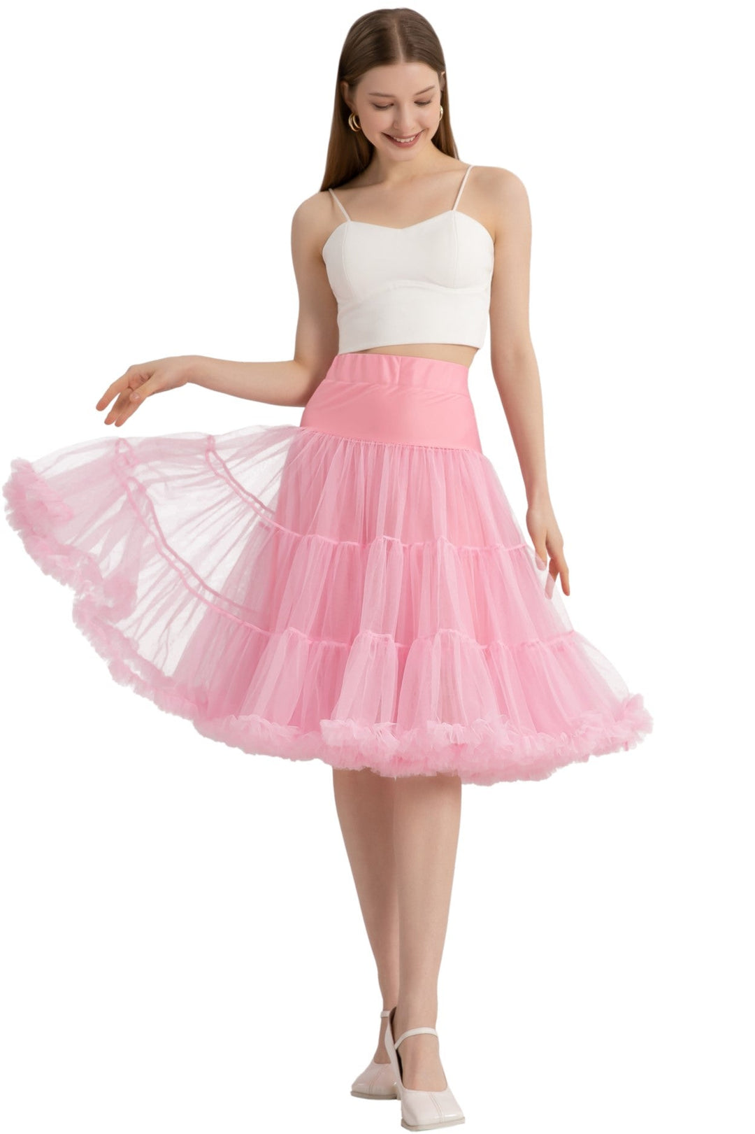 The front shot of A model wearing a Hattie Pastel Pink 3-Tier Net Petticoat, 25.5 Inches
