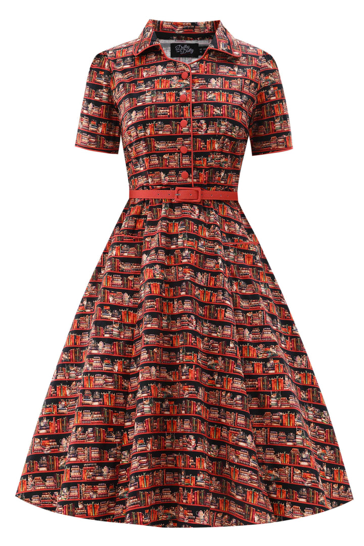 The front view of Mabel Vintage Cat and Book Print Cotton Midi Dress